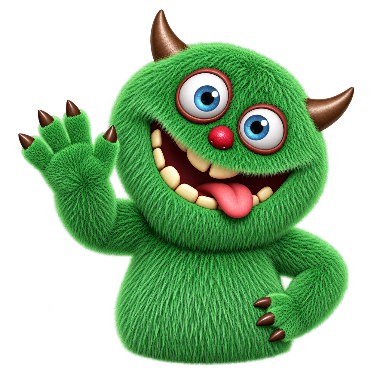 Het groene monster springt uit een blauwe portal en zwaait naar de nieuwe volgers